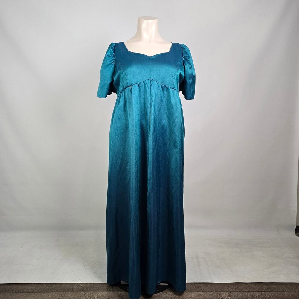 Teal Satin Empire Waist Maxi Dress Puff Sleeve Regency Formal Vintage Inspired